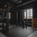 Black garage gym with natural light, matte black weights, and warm wooden accents – a cozy, minimalist workout space that feels bold and lived-in.