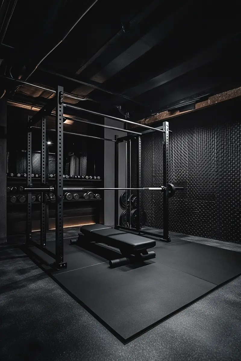 Black garage gym inspo with textured flooring, sleek storage, resistance bands on wall hooks, and soft lighting – save this moody home gym idea for later!