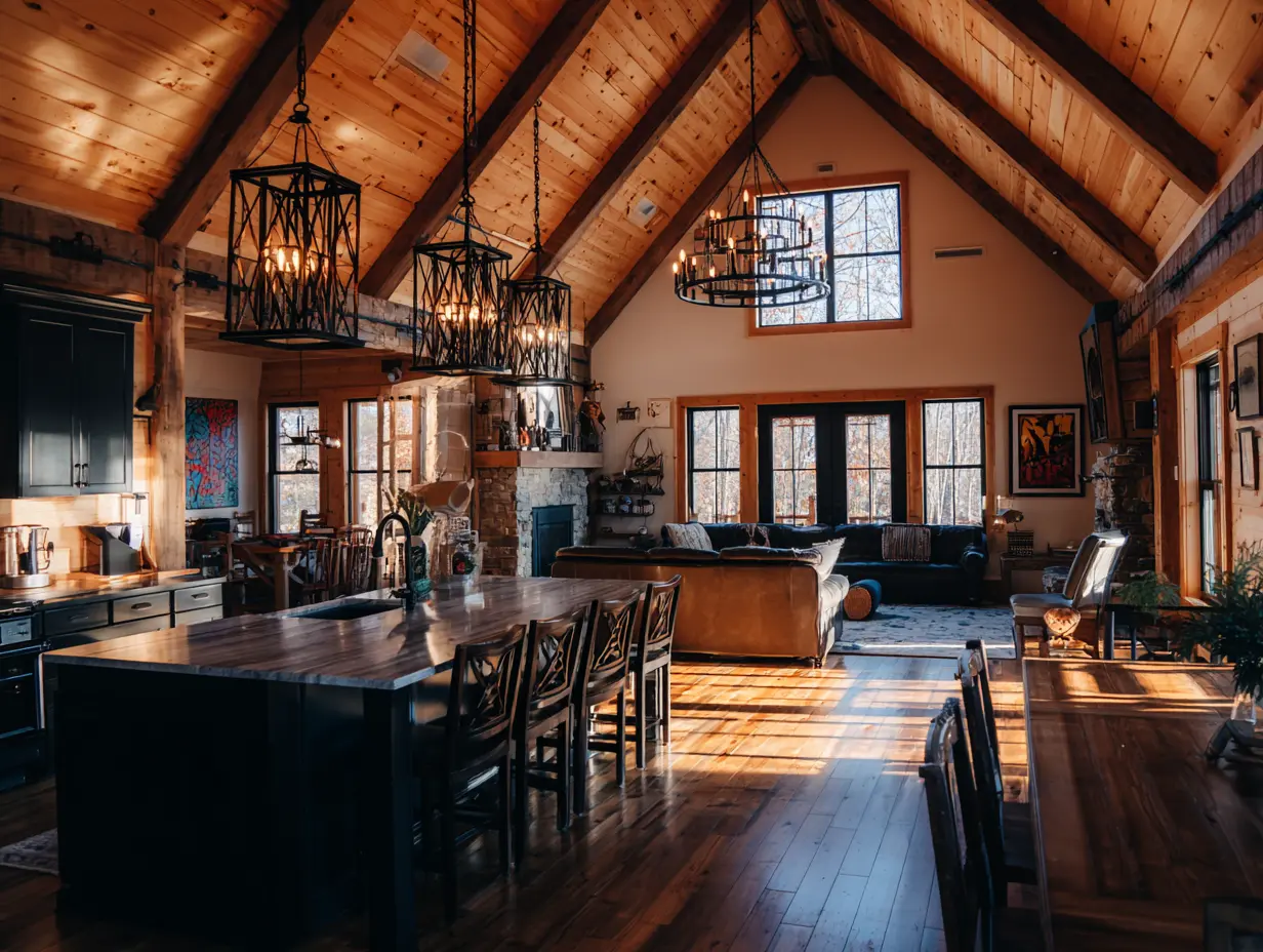 Barndominium interior with industrial style lighting—black cage pendant lights over an island, metal chandelier in tall living room, and rustic wood accents balancing the bold fixtures.