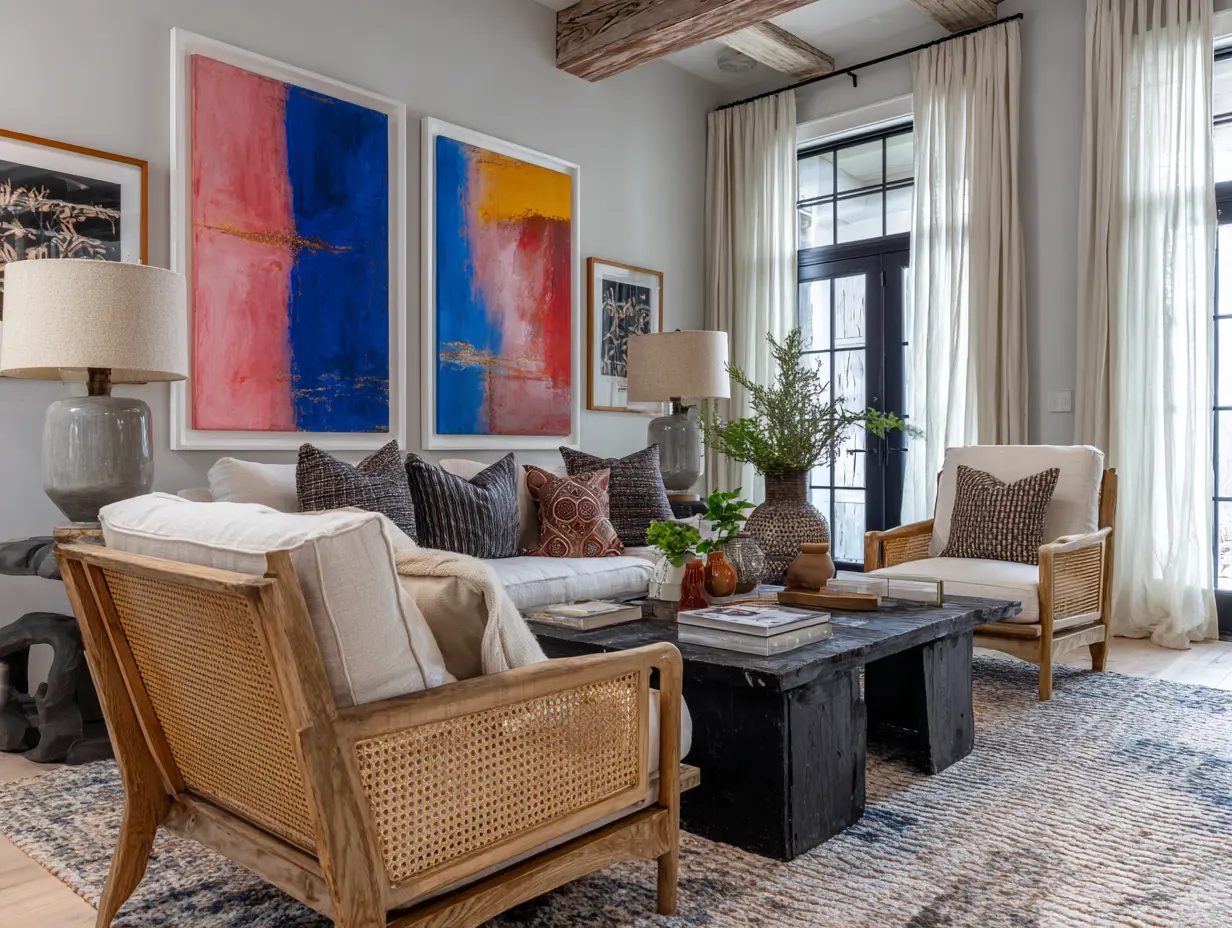 Barndominium living room featuring a pair of wood-frame cane-back accent chairs with cream cushions, layered rugs, linen curtains, and warm lighting, styled with farmhouse decoration ideas that add softness and structure to a large open space.