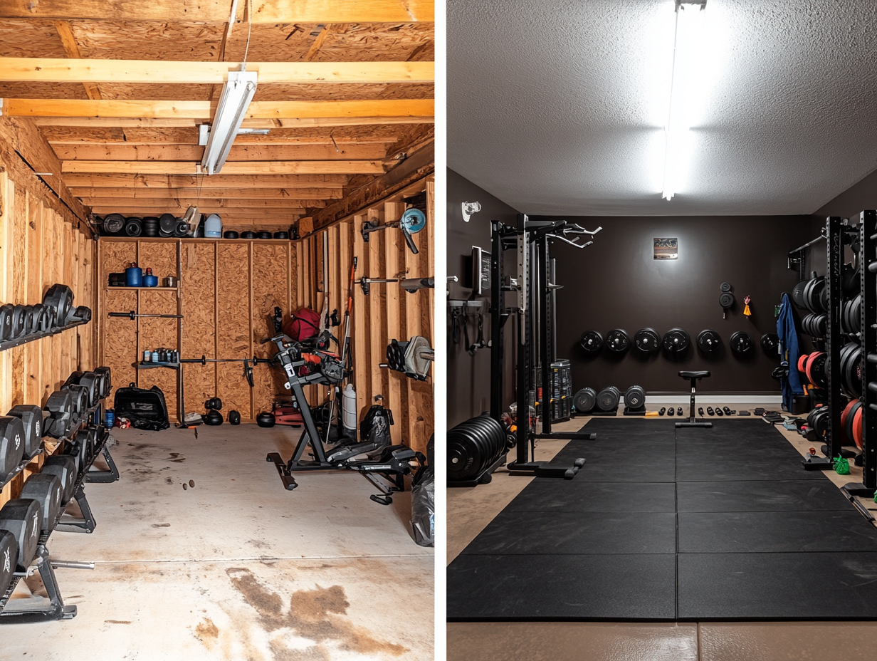 Black garage gym ideas transformation showing how dark colors create a professional workout atmosphere