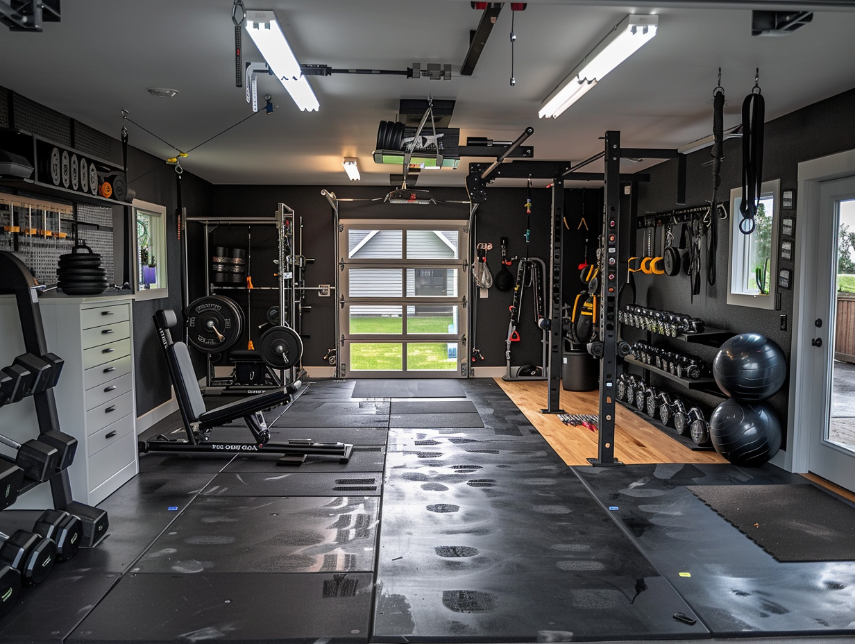 Black garage gym ideas showing how to create different training zones in one space for maximum functionality