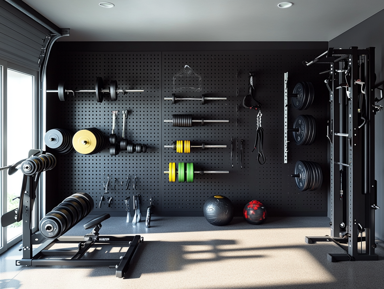 Garage gym storage ideas showing black wall-mounted systems that organize equipment without cluttering the space