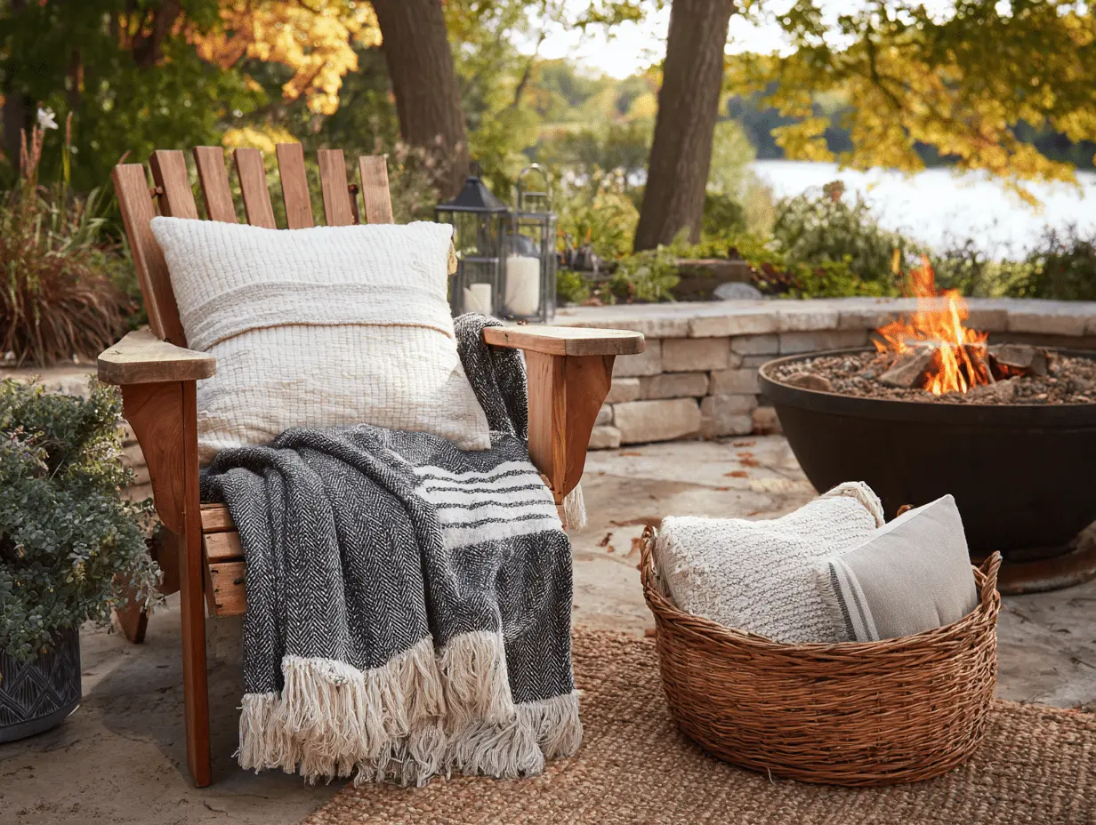 Outdoor throw blanket folded on a chair next to fire pit with soft lighting and layered textures