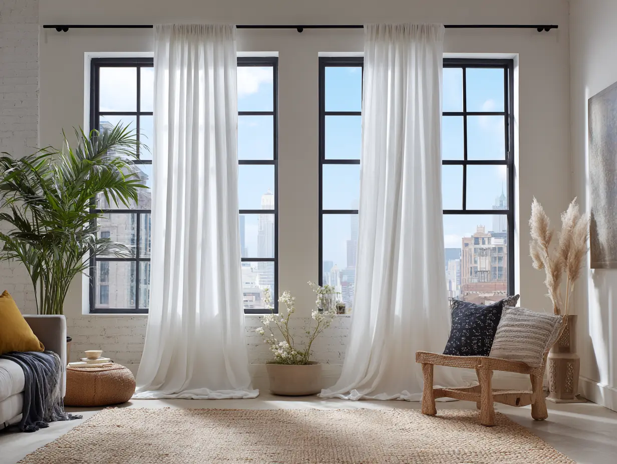 Bright white linen curtains hanging from black rod over tall window with natural light