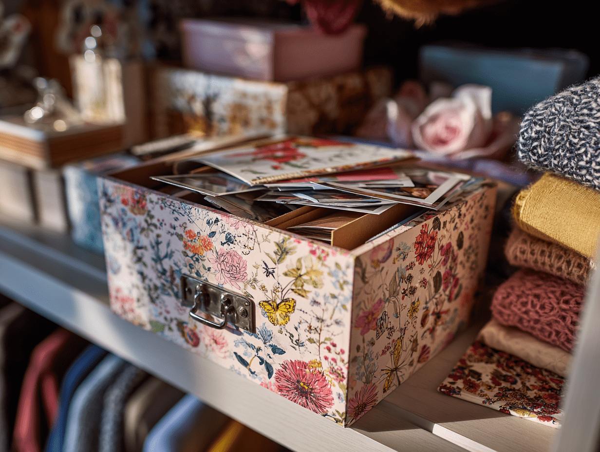 A floral-toned memory box holding cherished keepsakes, sitting peacefully in an organized closet space.