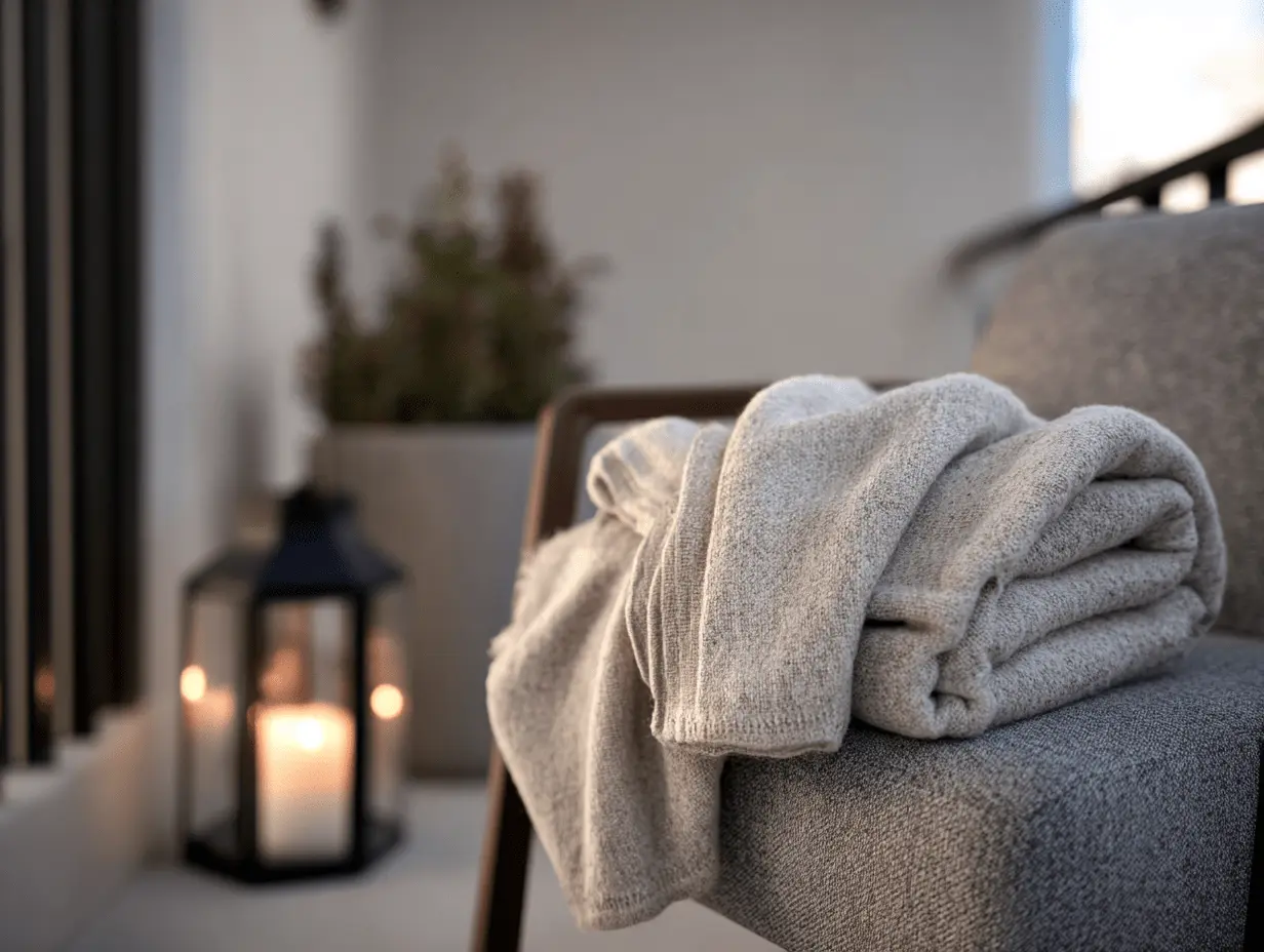 Close-up of porch nook with speaker lantern, folded throw blanket, and a candle glowing in the background