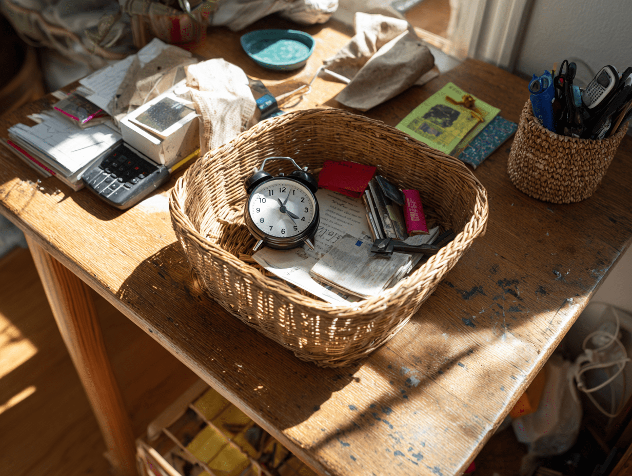 Side table in a cozy home, featuring a small analog timer next to a partially emptied woven basket filled with everyday clutter