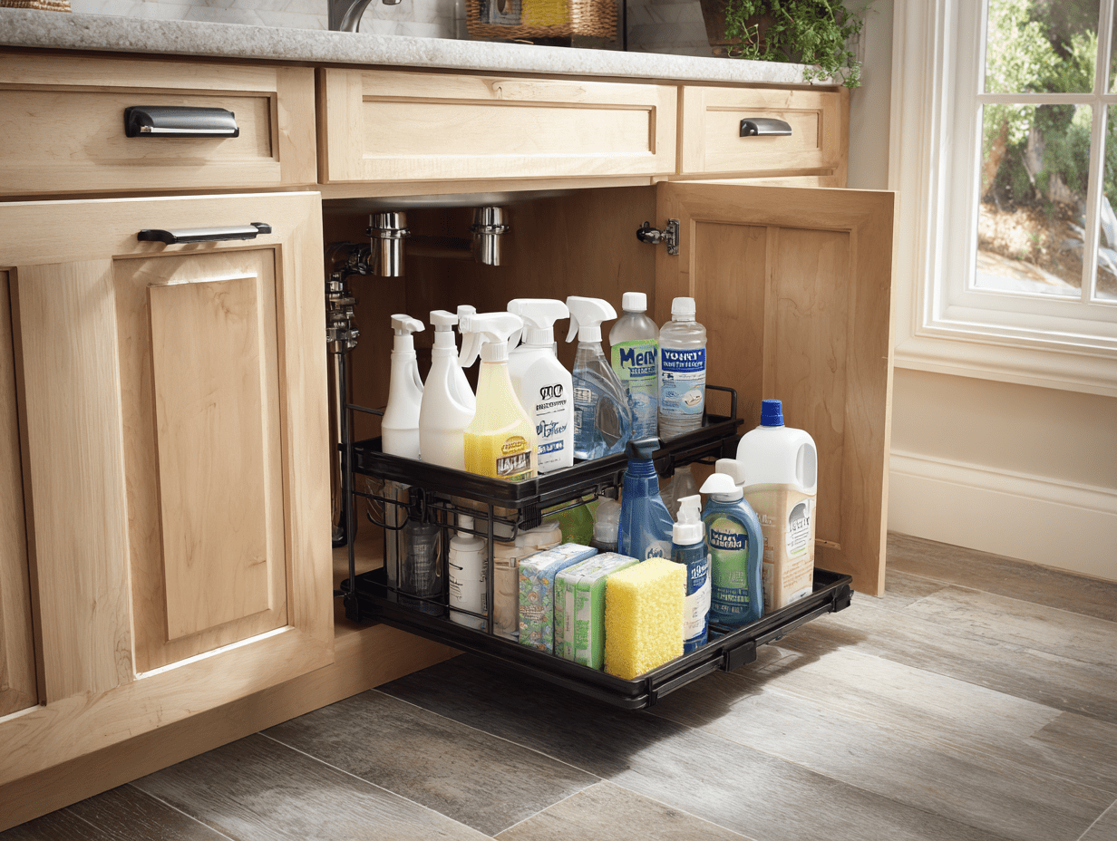 A neatly organized under-sink cabinet with tiered pull-out drawers holding labeled cleaners, sponges, and bins.