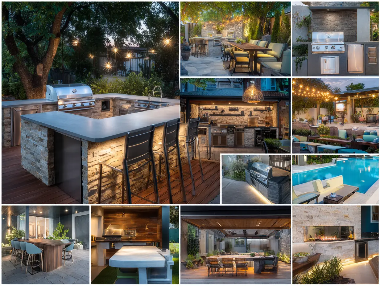 Collage of backyard outdoor kitchen ideas including grill, prep station, bar seating, and lighting, illustrating answers to common outdoor kitchen questions.