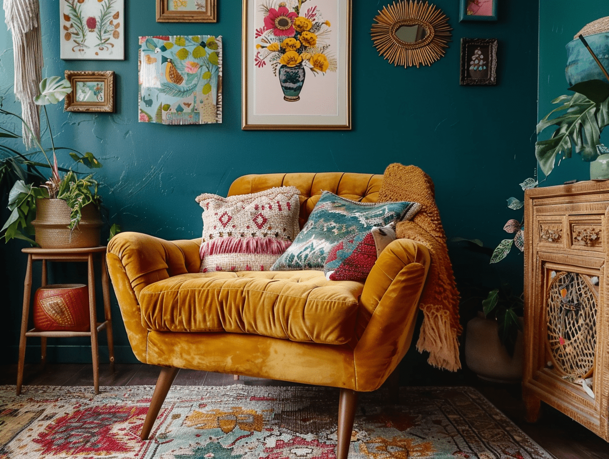 A colorful maximalist living room featuring a mustard velvet chair, teal walls, and vibrant artwork layered with personality.