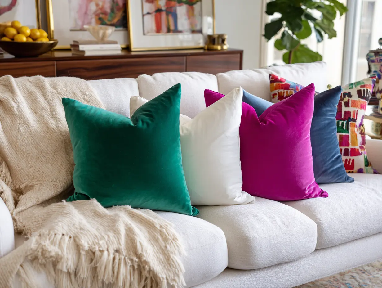 Colorful velvet throw pillows in jewel tones like emerald, fuchsia, and sapphire layered on a crisp white couch with a bold textured blanket, styled in a bright, energetic living room
