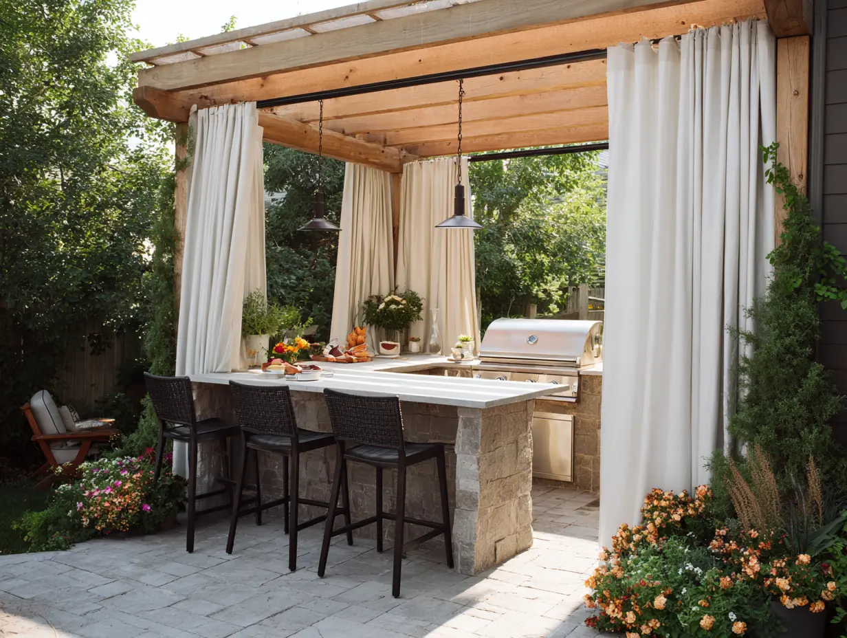 Covered backyard kitchen with pergola, outdoor curtains, and compact grill station surrounded by greenery.
