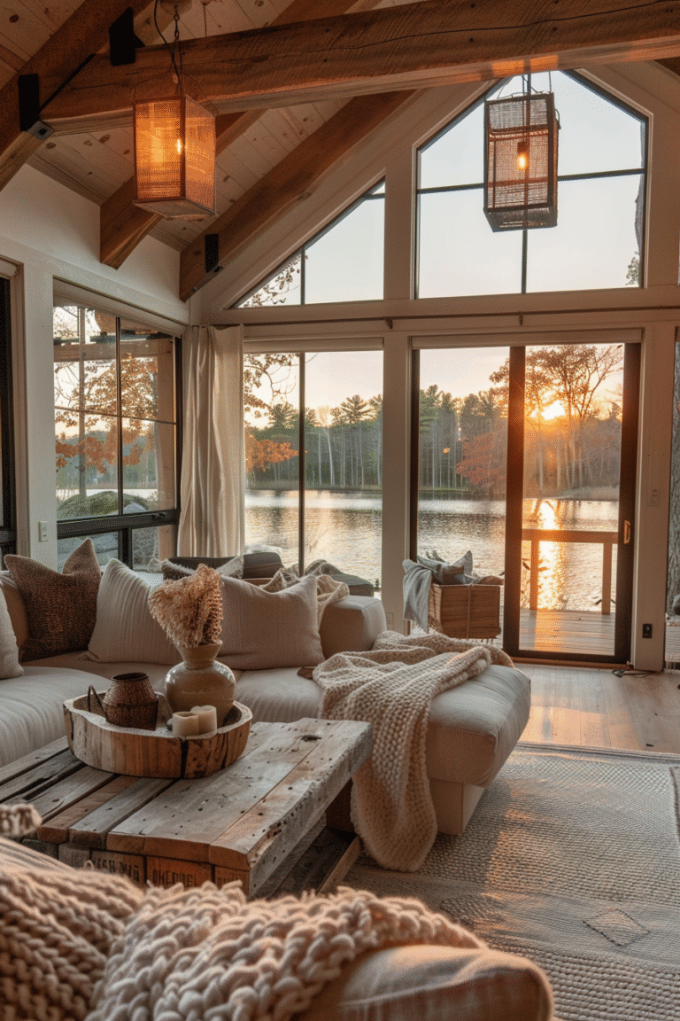 Cozy lake house living room with chunky knit throws, warm lantern lighting, and mixed wood furniture overlooking a lake