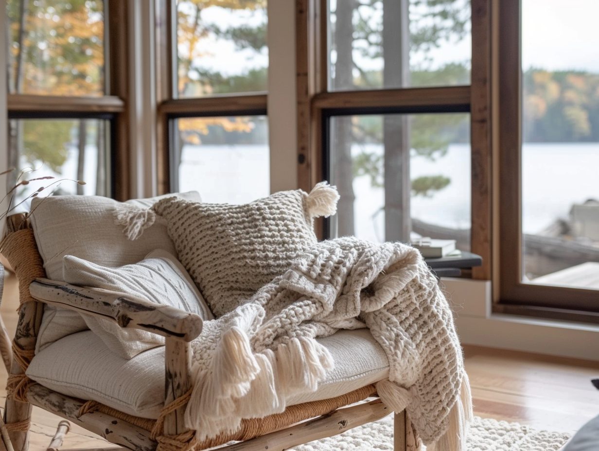 Lake House Design Ideas with a Chunky knit throw blanket draped over rustic wood chair in lake house living room