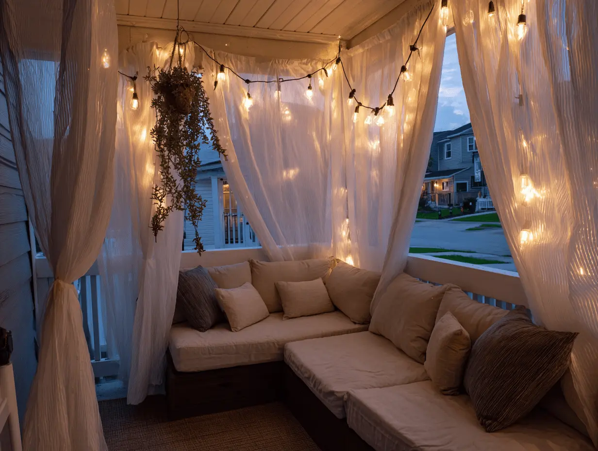 Cozy porch corner with light curtains swaying, cushioned bench, and string lights at dusk