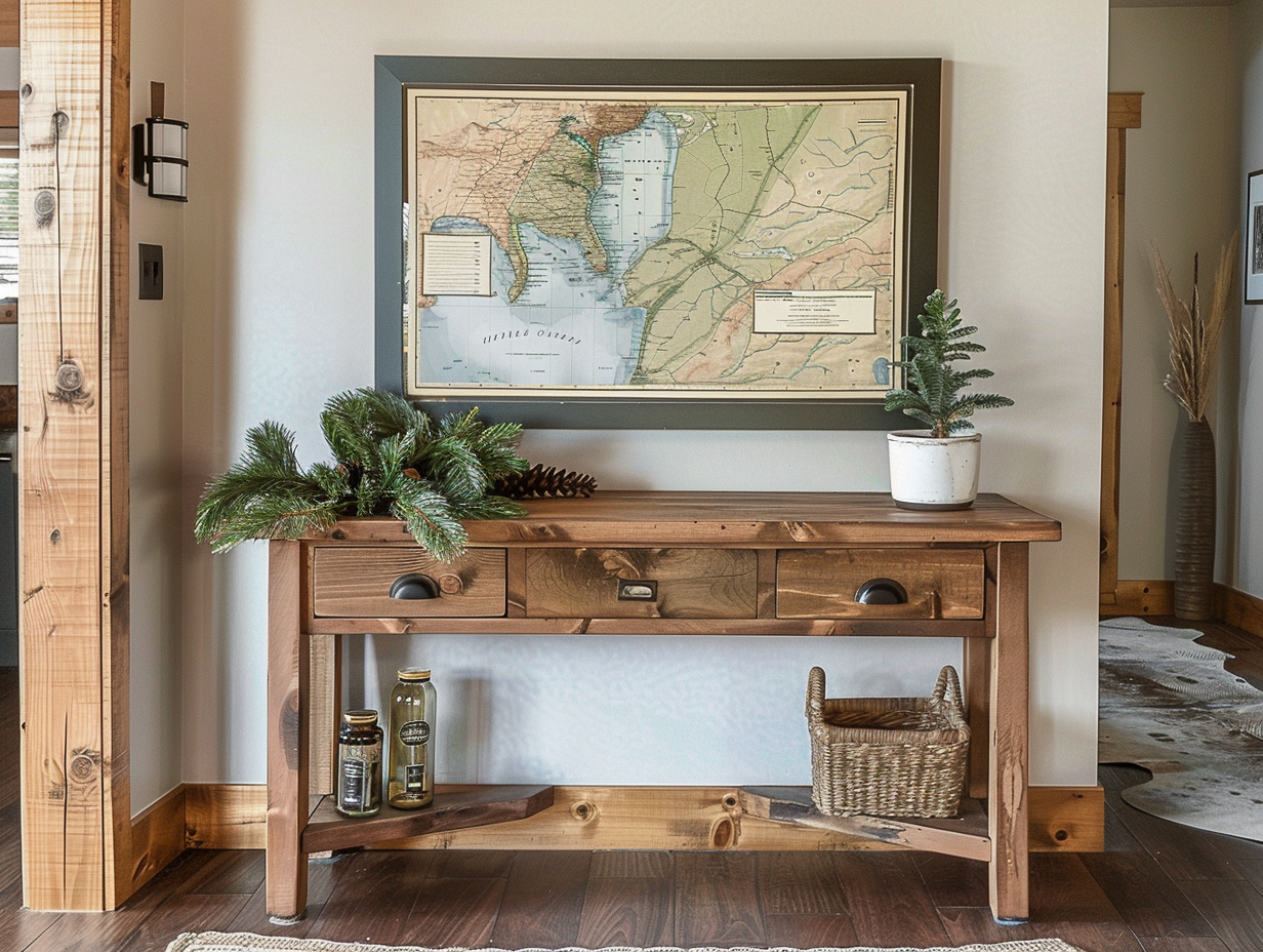 Custom lake map wall art in rustic frame above wooden console table