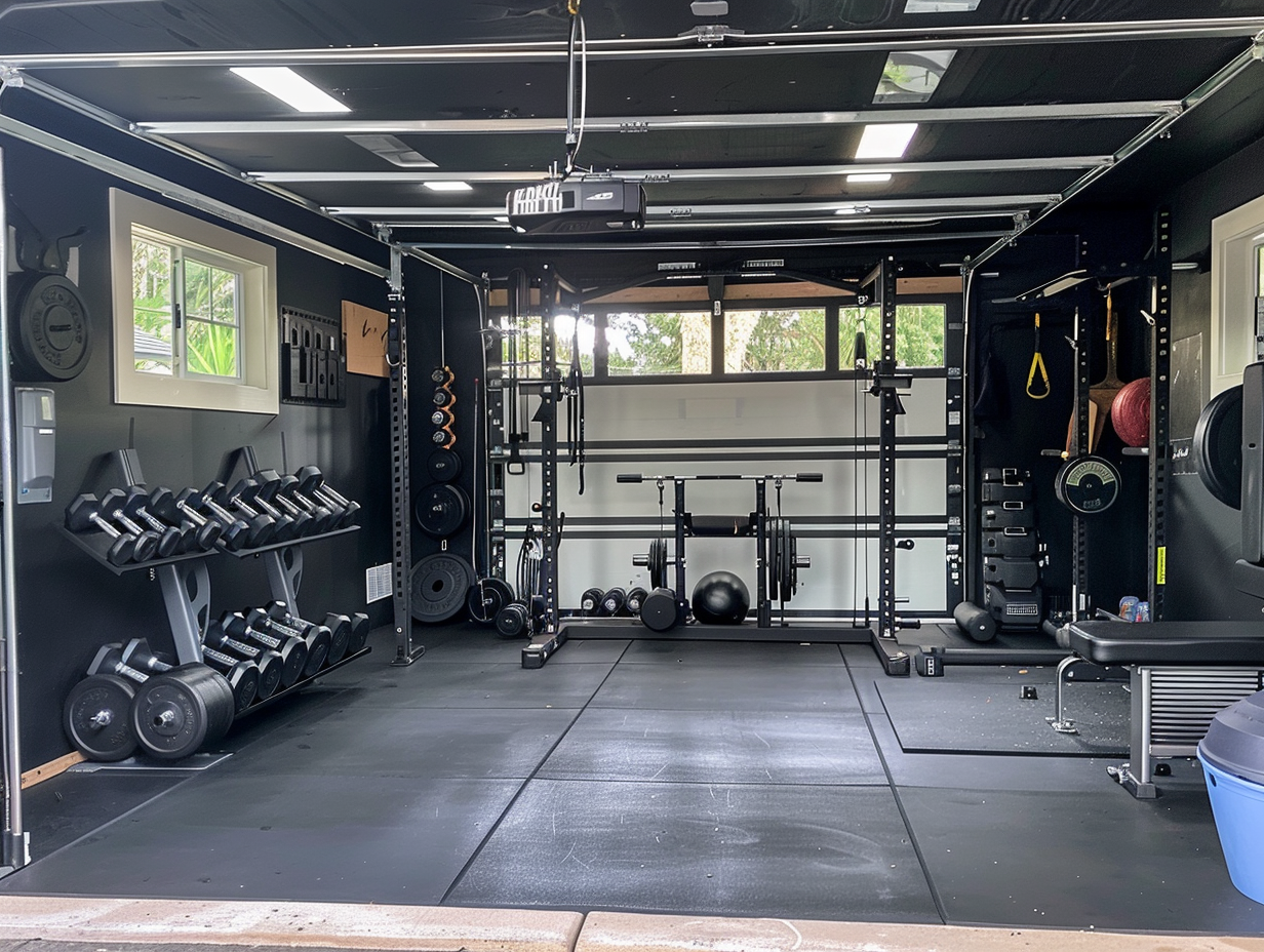 Budget black garage gym ideas showing affordable equipment and DIY solutions that create professional-looking results