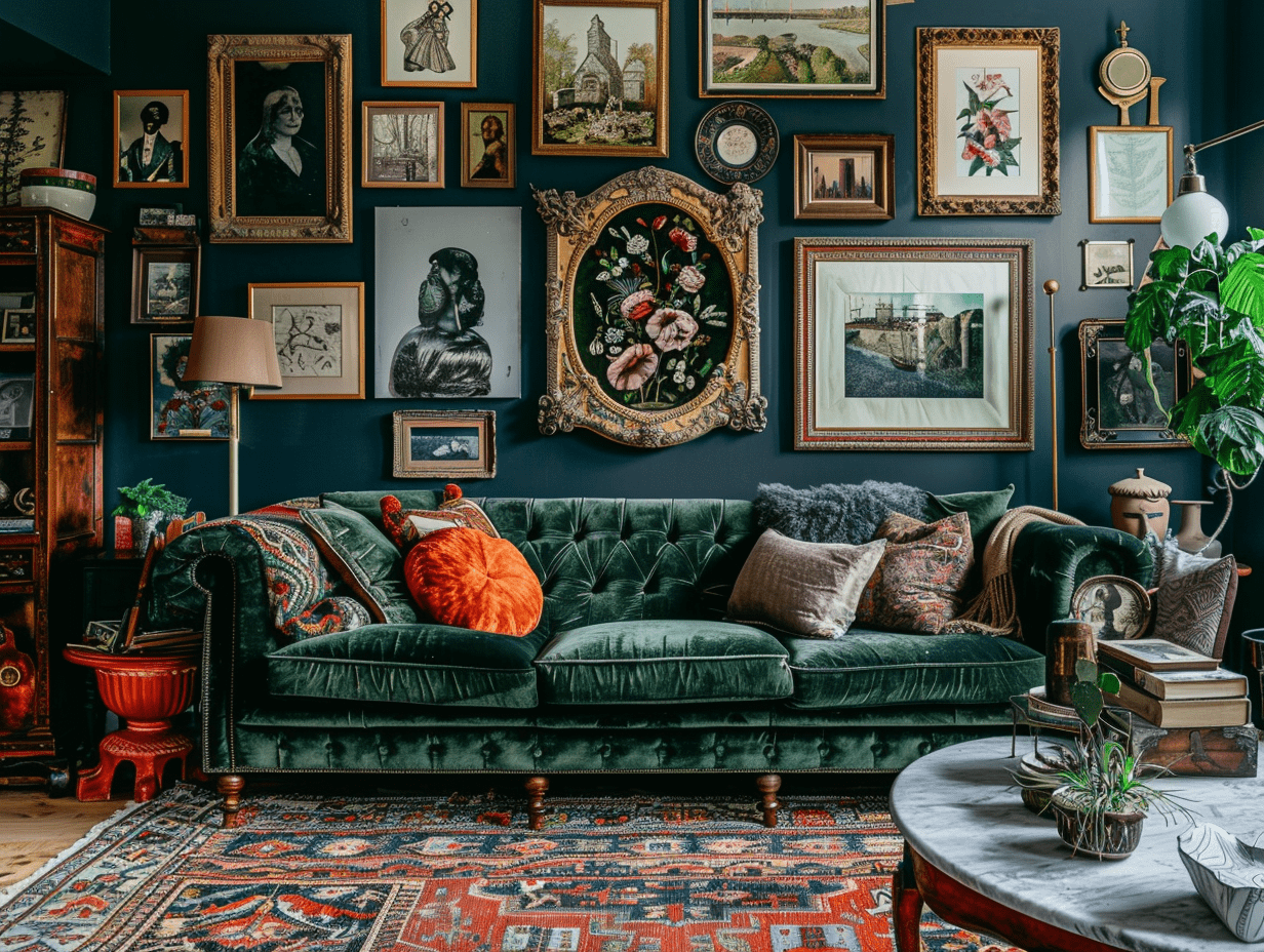 Deep green velvet Chesterfield sofa centered in an eclectic living room with layered patterns and vintage accents.
