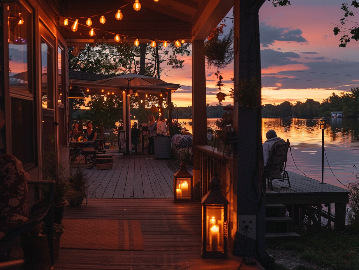 Battery powered lanterns creating warm lighting on lake house porch at sunset