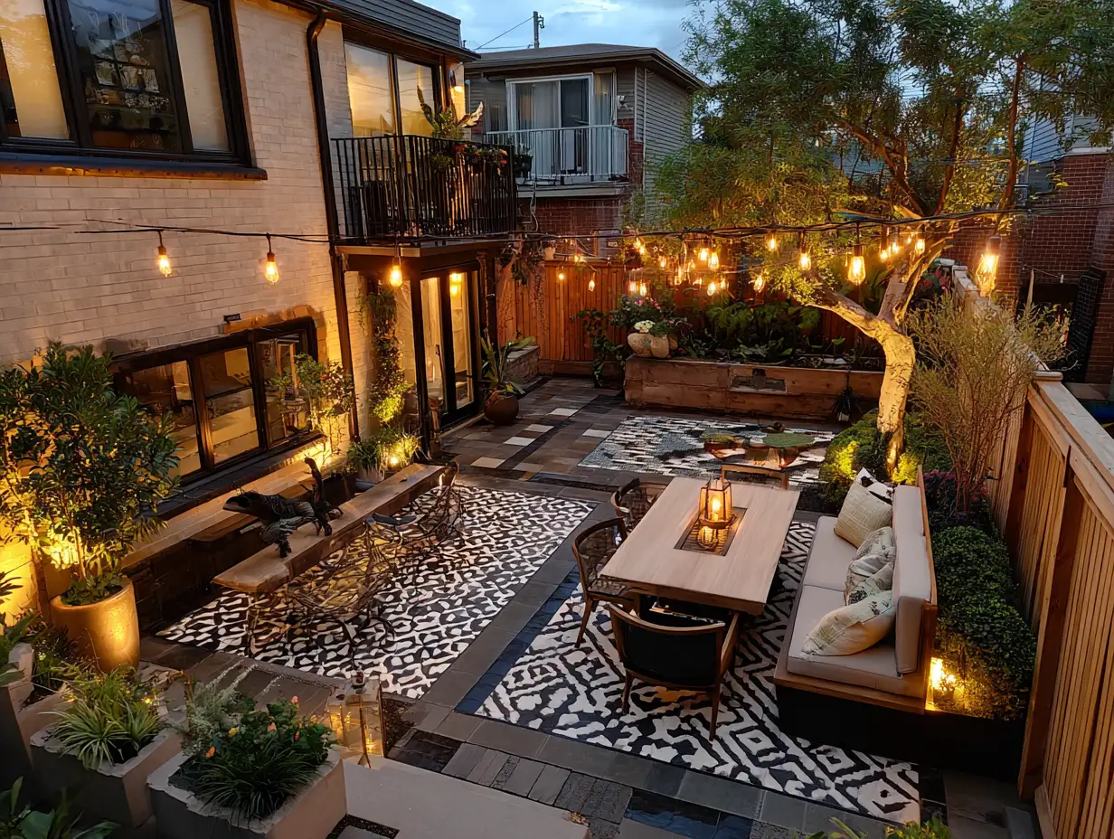 Overhead view of a small townhouse backyard with defined zones and warm lighting during sunset