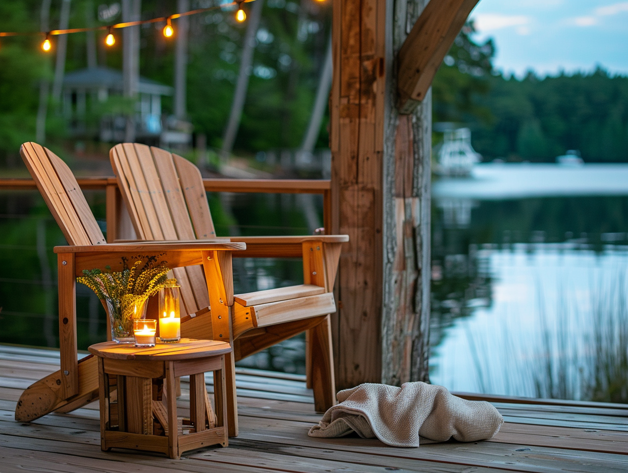 Folding Adirondack chairs on lake house porch with side table and candles