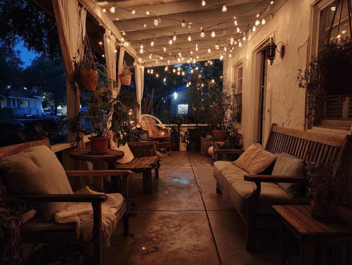 Glowing porch at twilight with string lights overhead and lanterns on the ground