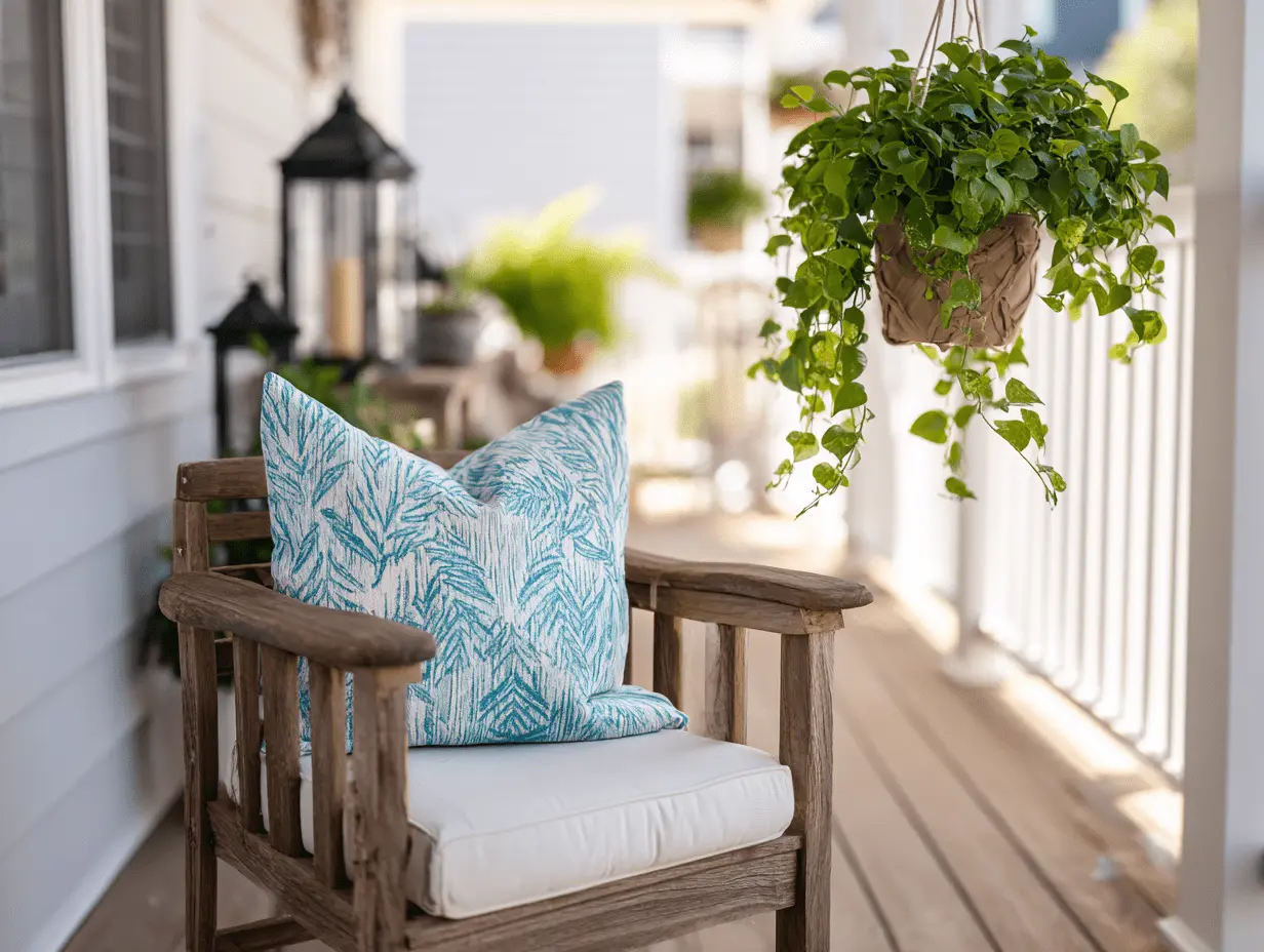 Front porch styled with a vertical welcome sign, bright pillow, and hanging plant for summer charm