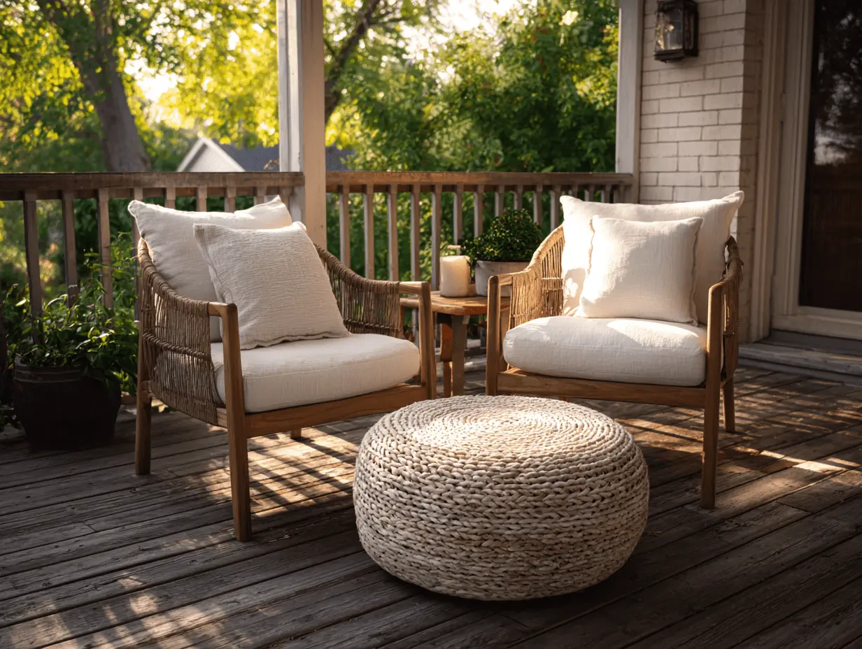Summer porch decor with wooden chairs, soft cushions, and a round woven ottoman