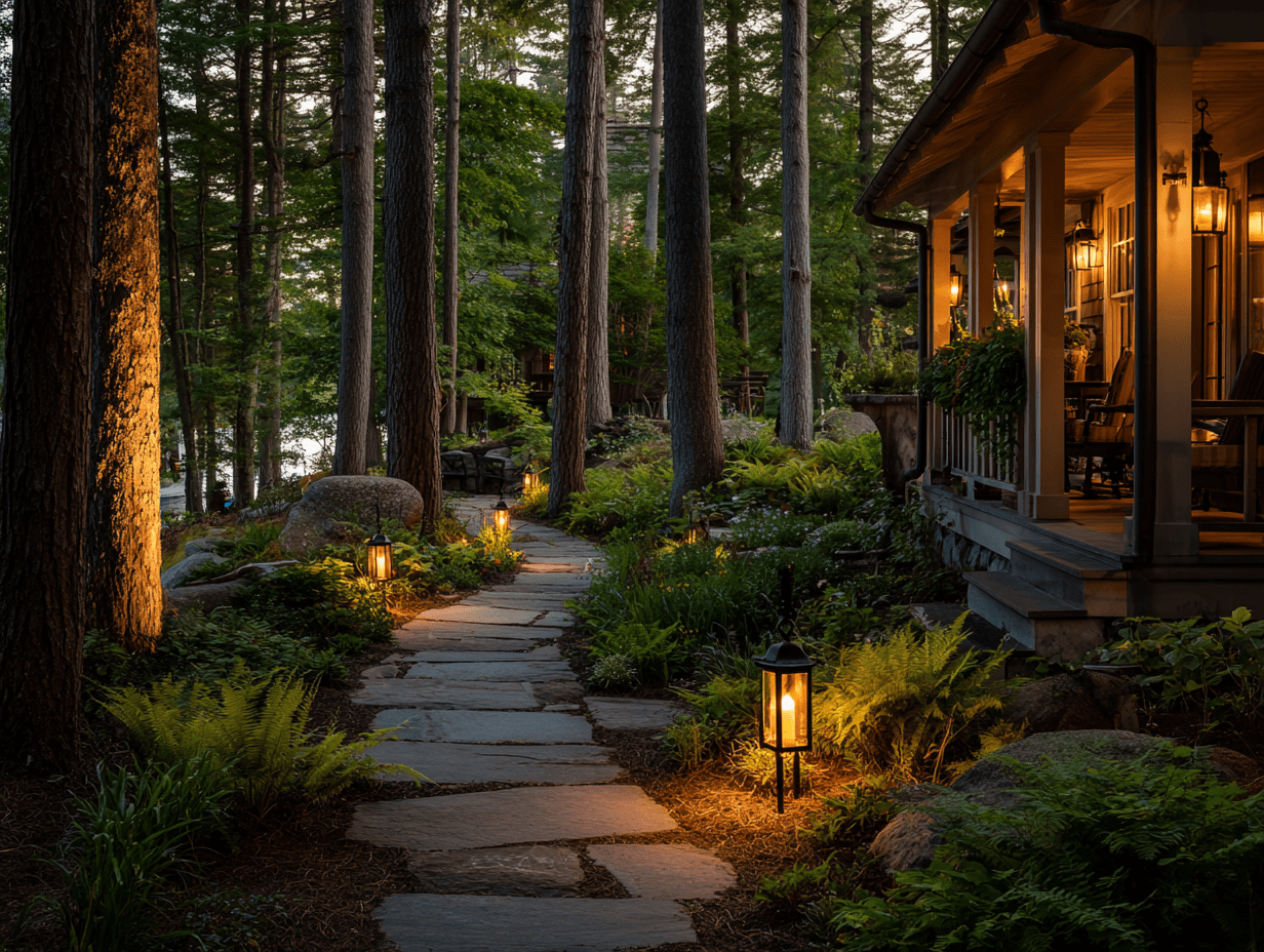 Front yard at dusk with path lights, uplighting on trees, and soft lantern glow around a front porch for added ambiance and security