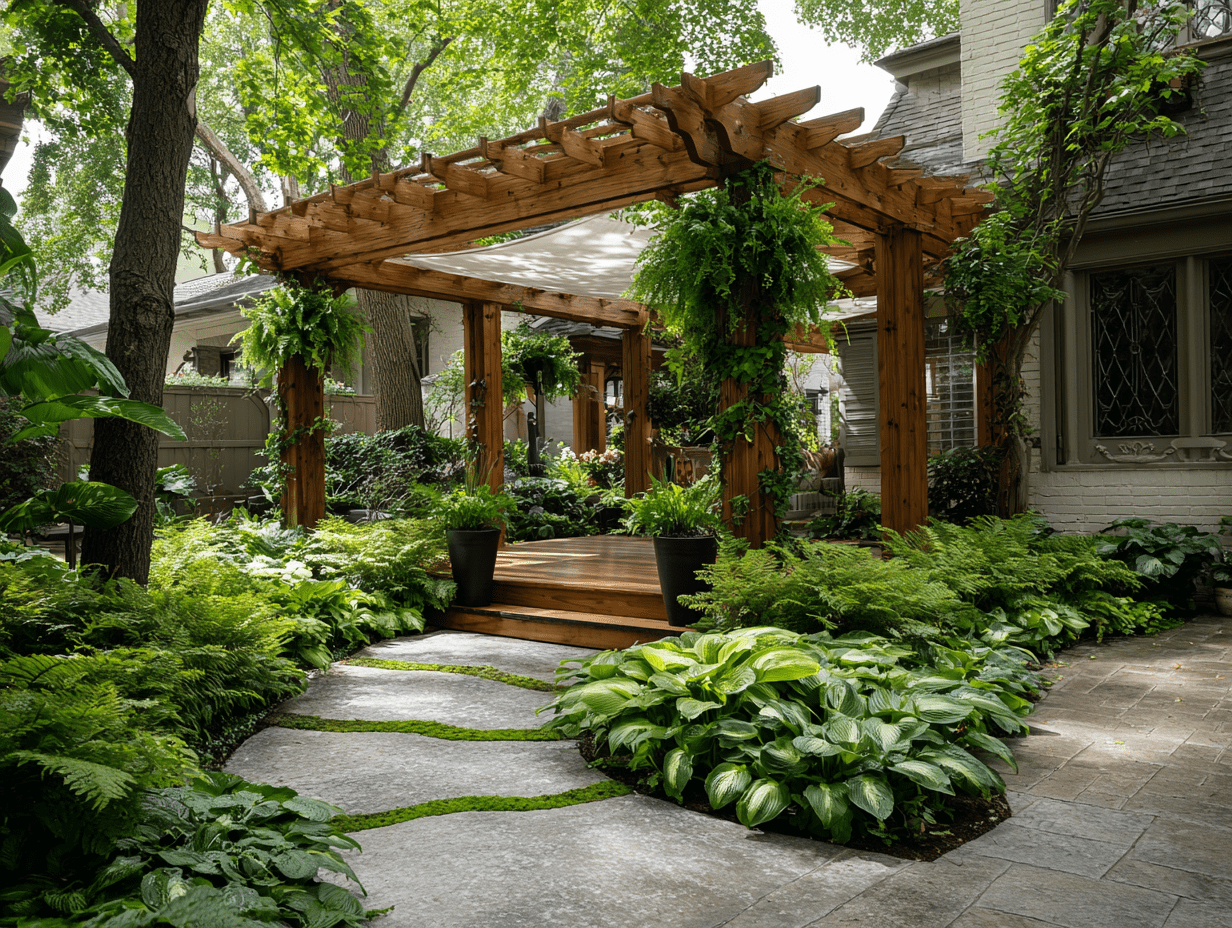 Front yard featuring pergola with canopy, shade-friendly plants, and stone path for a layered, natural look