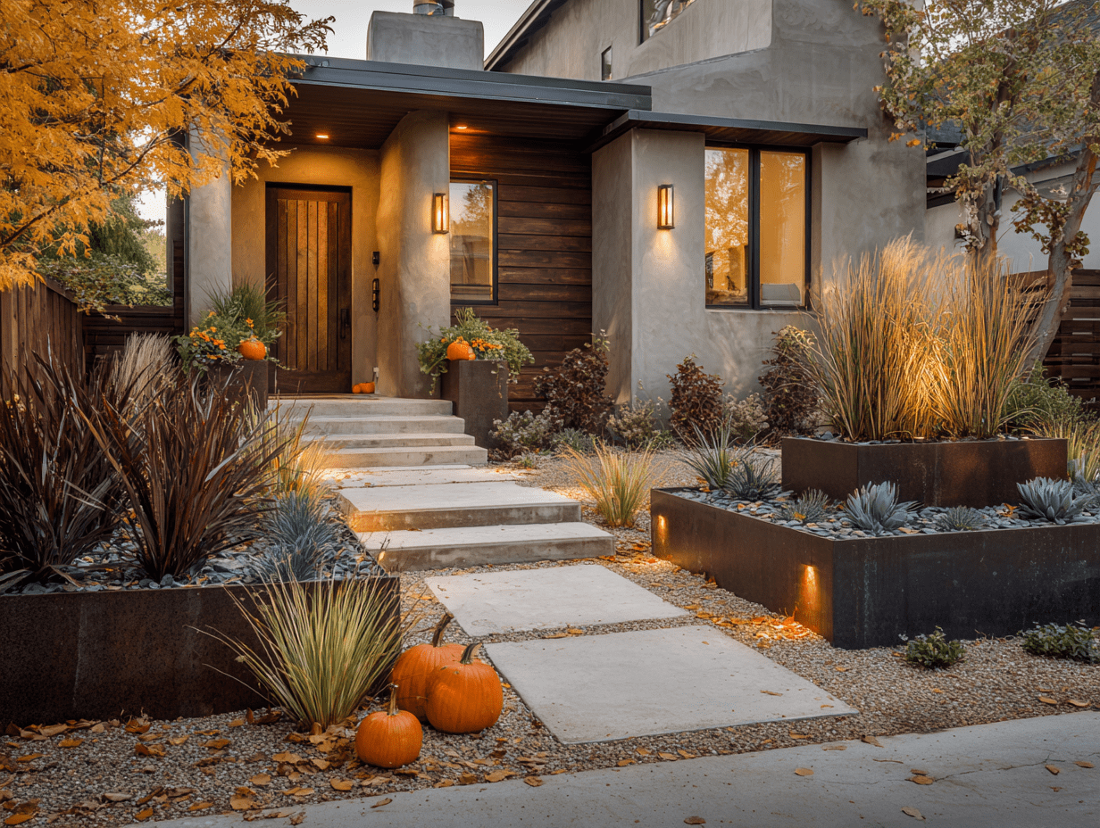 Grass-free front yard with gravel walkways, raised planters, and low-maintenance greenery for a clean, modern look