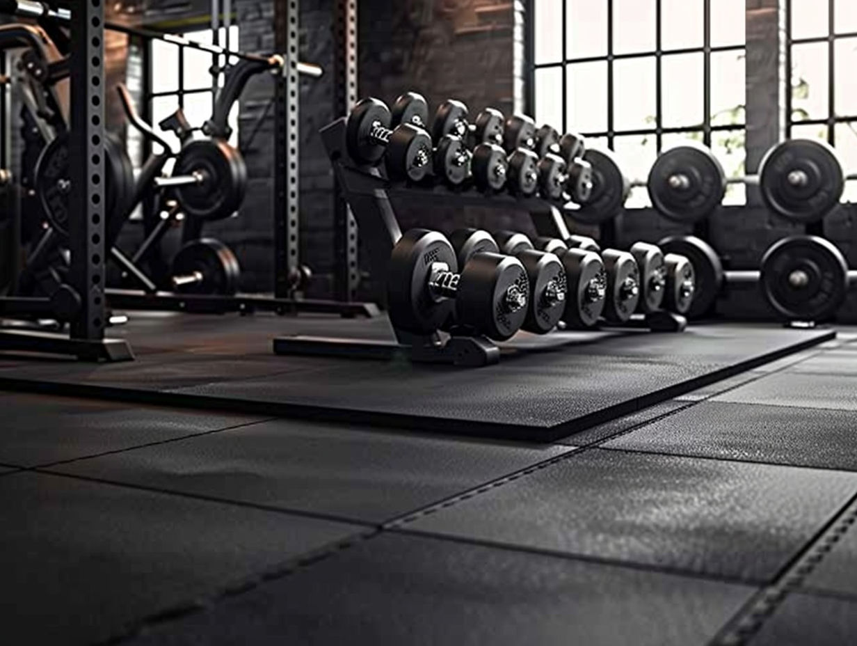 Black gym flooring ideas for garage gyms showing durable rubber mats that protect floors and equipment