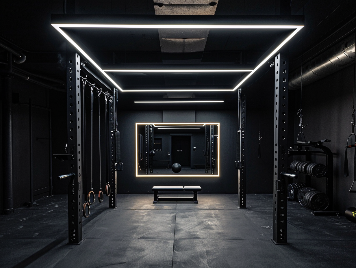 Home gym lighting ideas featuring industrial fixtures and LED strips that enhance black garage gym design
