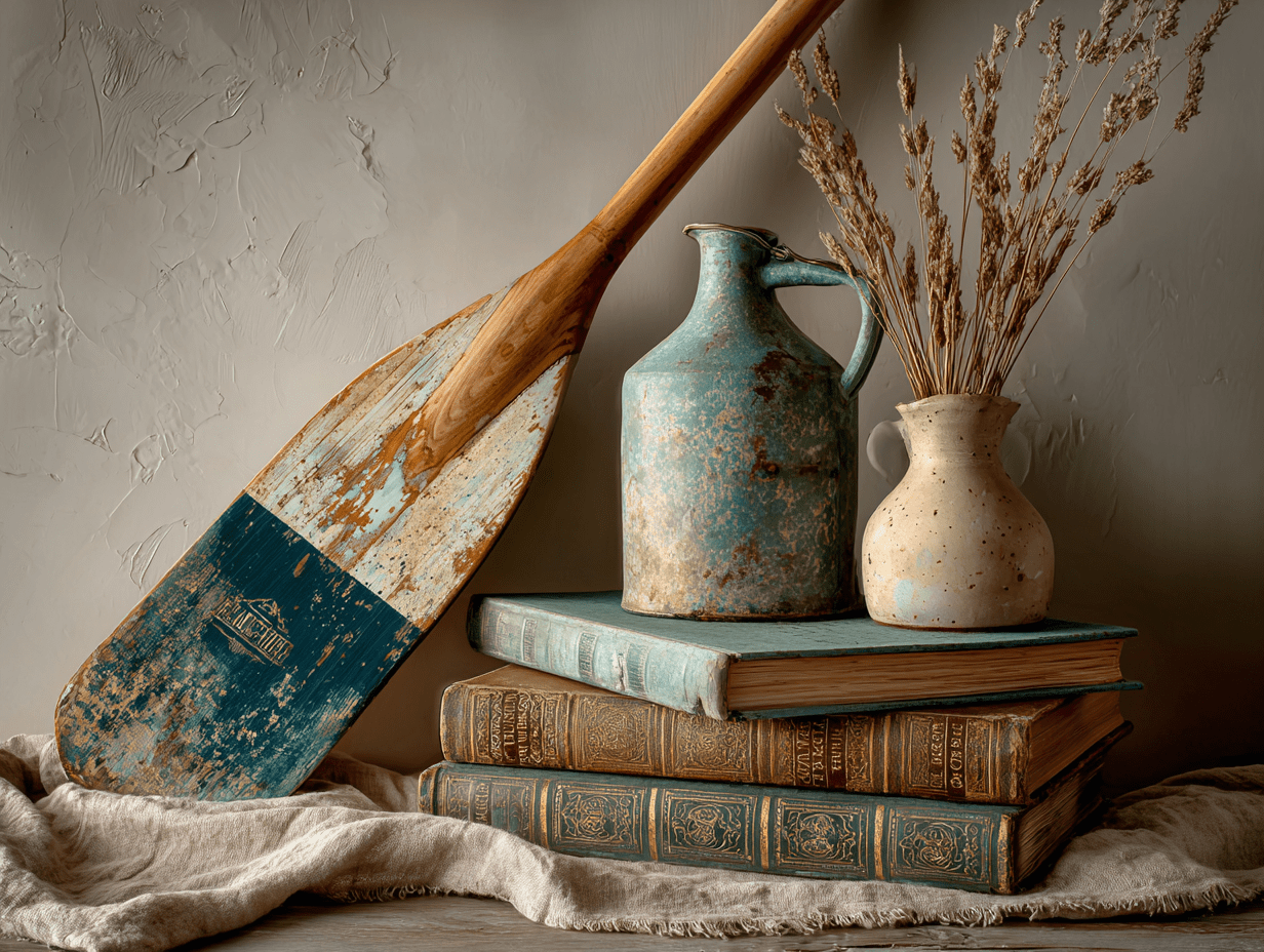 Vintage lake house decor on console table with worn books, enamel pitcher, and rustic wooden paddle