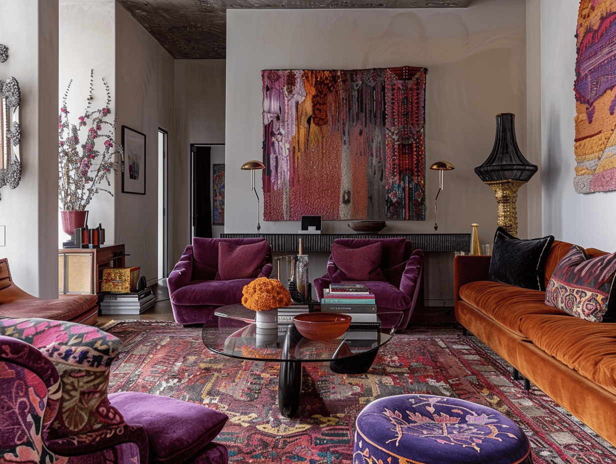 Layered rugs in a maximalist home living room, featuring bold abstract prints, textured fabrics, and mismatched styles for a curated, collected look.