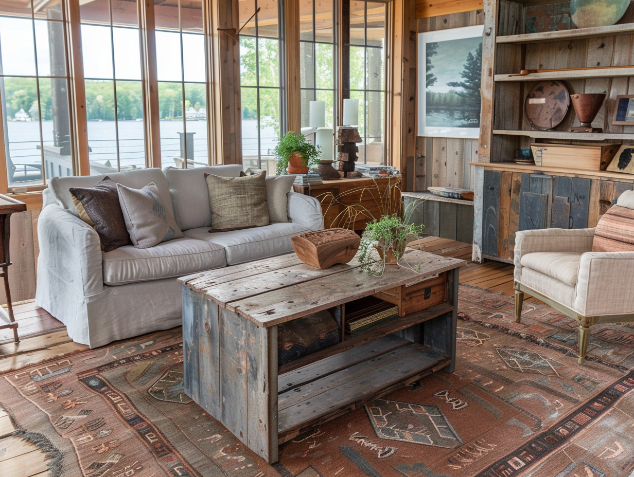 Mixed wood furniture in lake house living room showing different wood tones and finishes