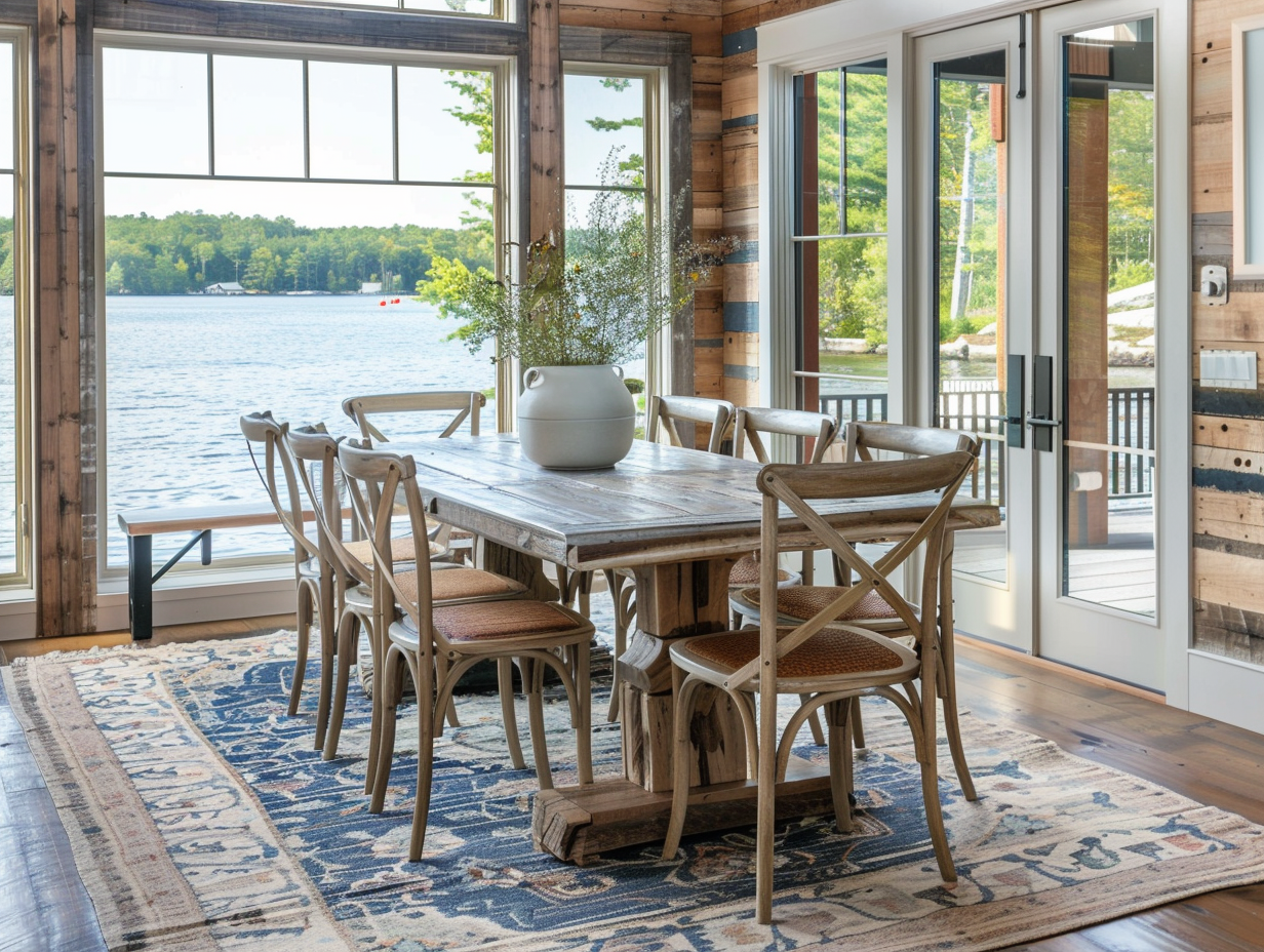 Machine washable indoor outdoor rug in lake house dining room