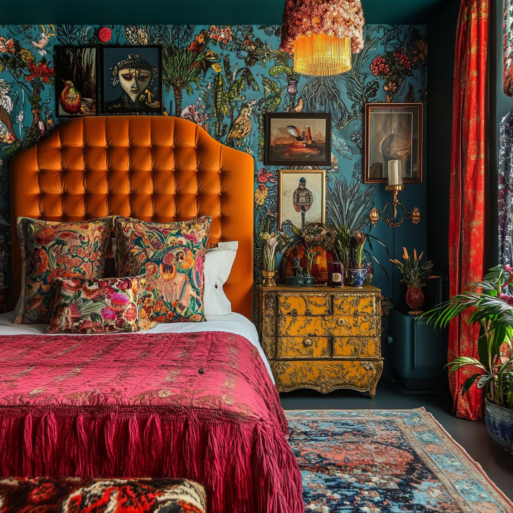 Cozy maximalist bedroom with velvet pillows, layered rugs, bold wall art, and eclectic vintage decor. Real-life design that feels personal and lived-in. Pin this cozy maximalist bedroom idea to spark inspiration for your space!