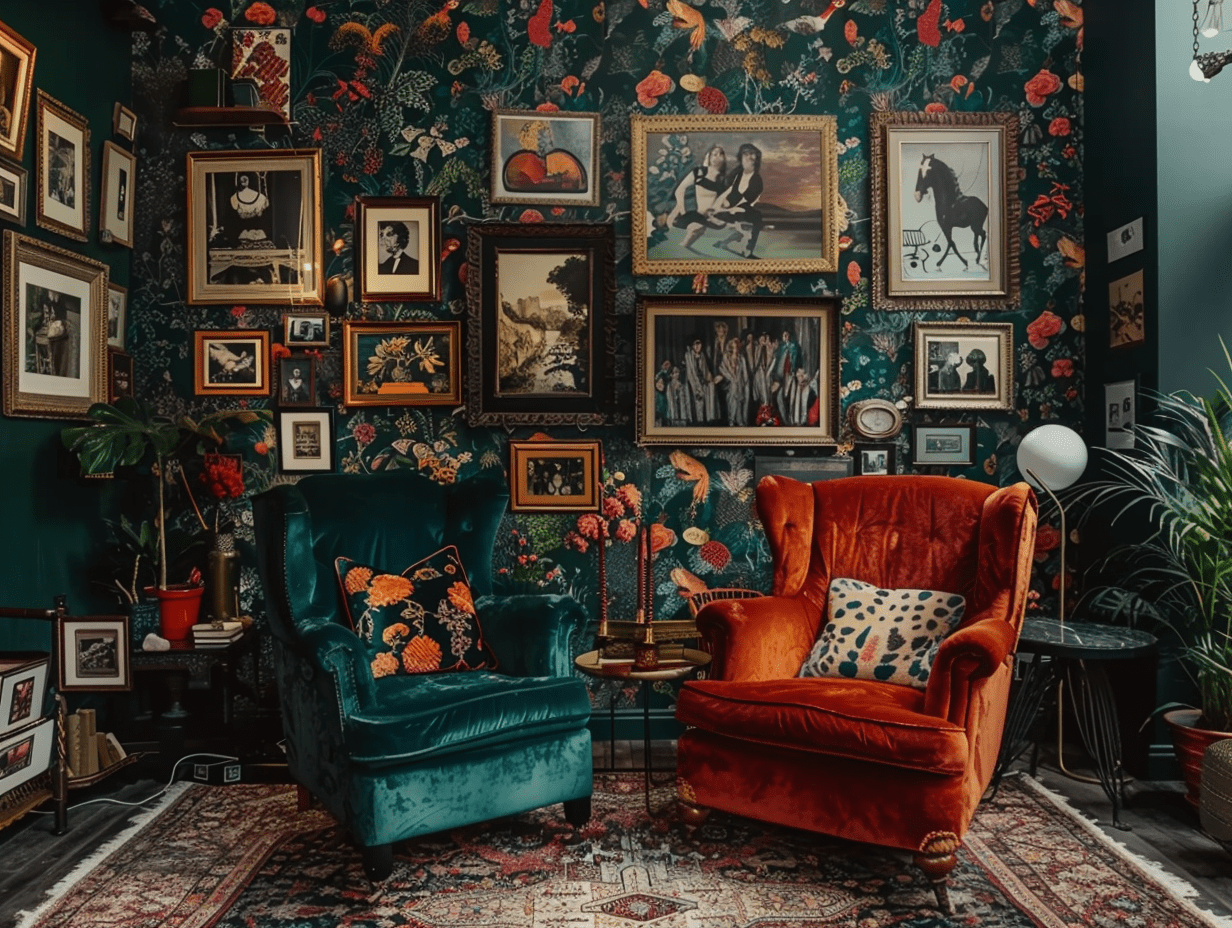 Maximalist living room with bold wallpaper, layered vintage art, and velvet chairs in a mix of jewel tones.