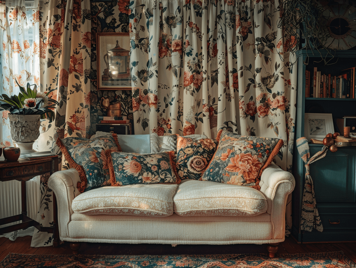 Maximalist living space with mixed-print pillows, floral curtains, and patterned wallpaper layered with intention.