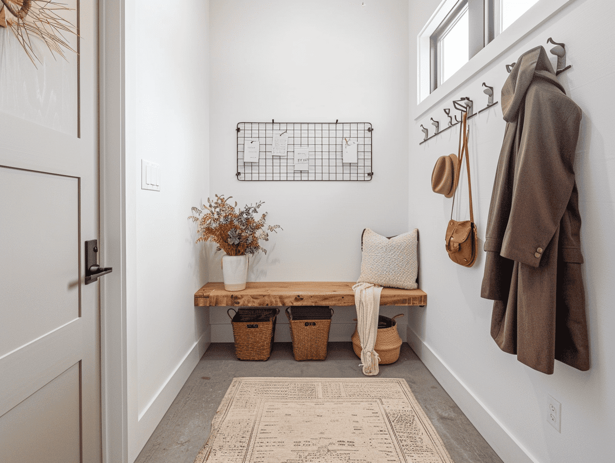Entryway setup with mail organizer, wooden bench, and hooks for bags and keys, styled for everyday family use.