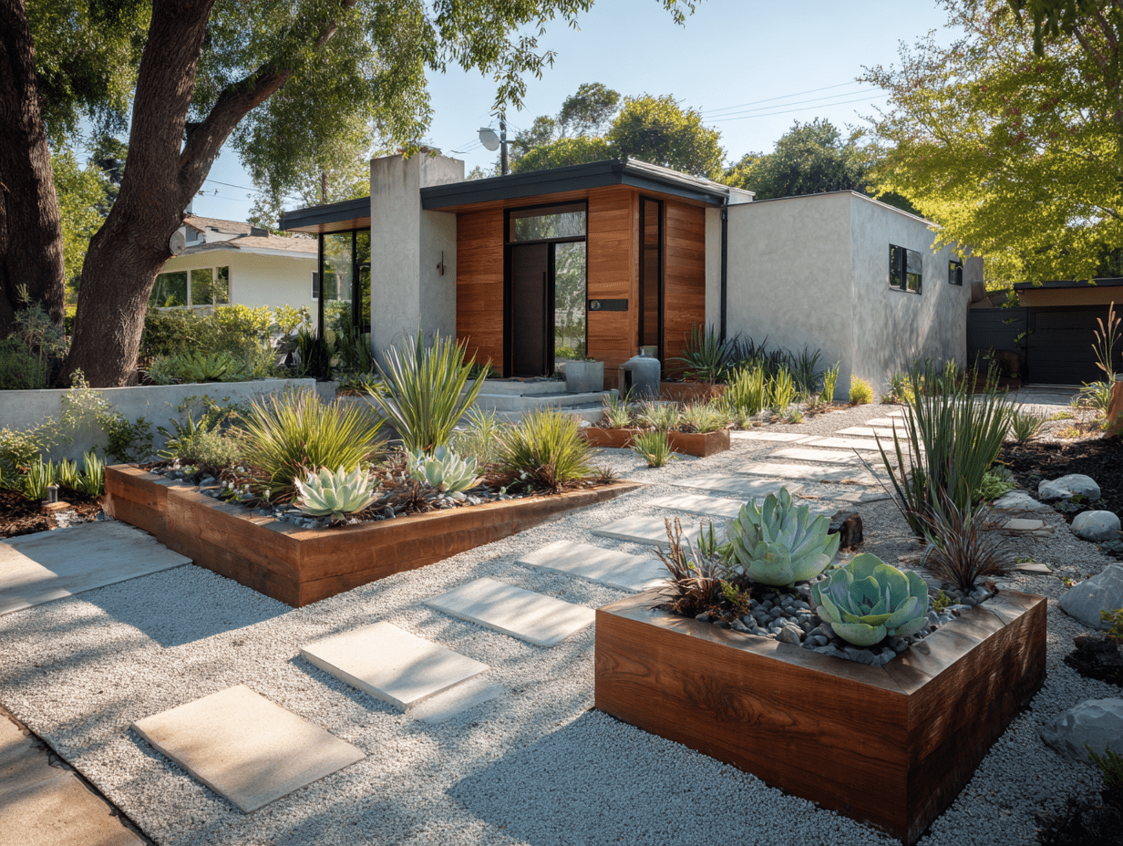 Front yard decor ideas using rocks and pavers, with no grass, desert-style landscaping, and structured walkways for clean curb appeal.