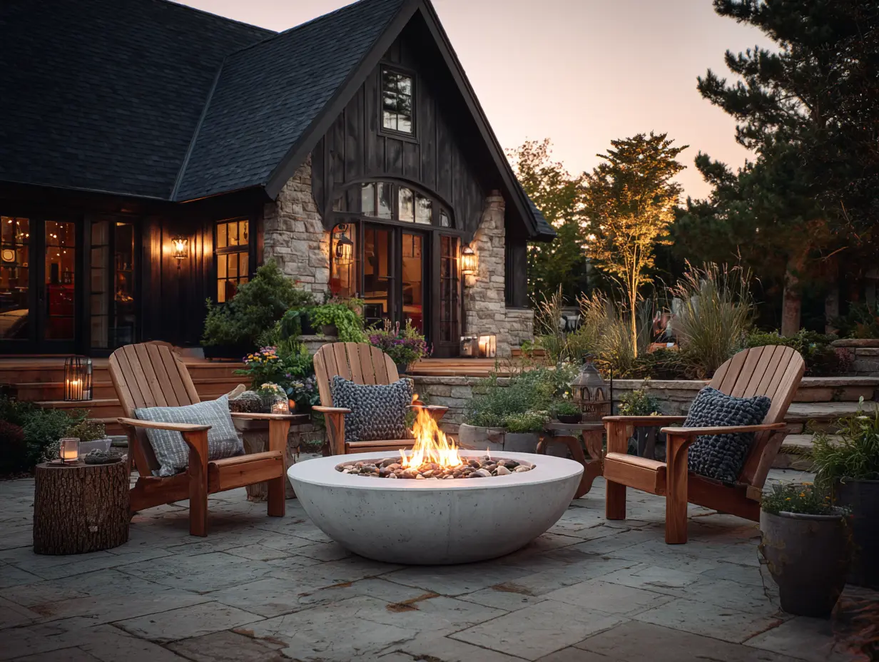 Modern stone patio with a round glowing fire pit, Adirondack chairs with textured pillows arranged in a circle, cozy evening ambiance with lanterns, plants, and a dark cottage-style house in the background.
