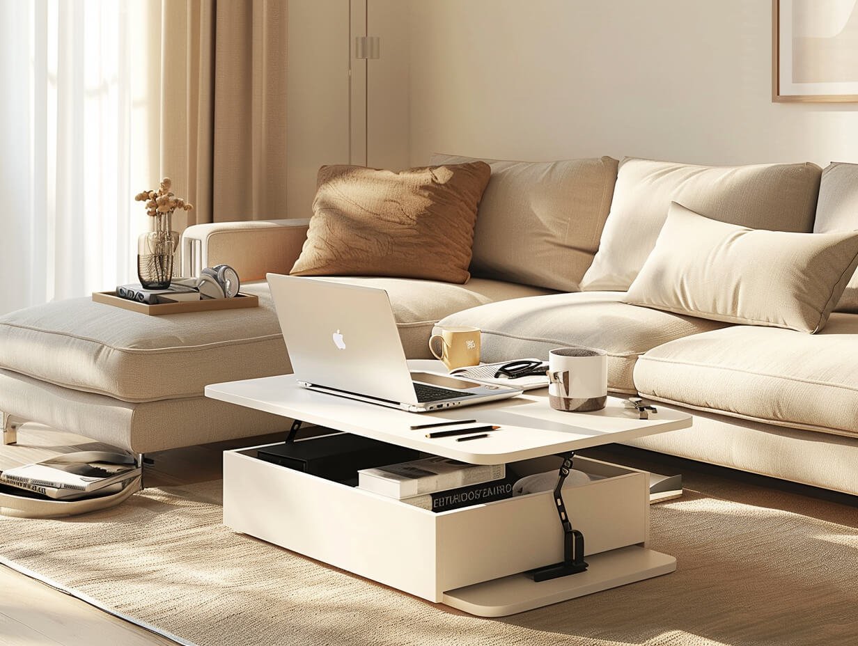 Neutral-toned living room with lift-top coffee table used for hidden storage and casual work space