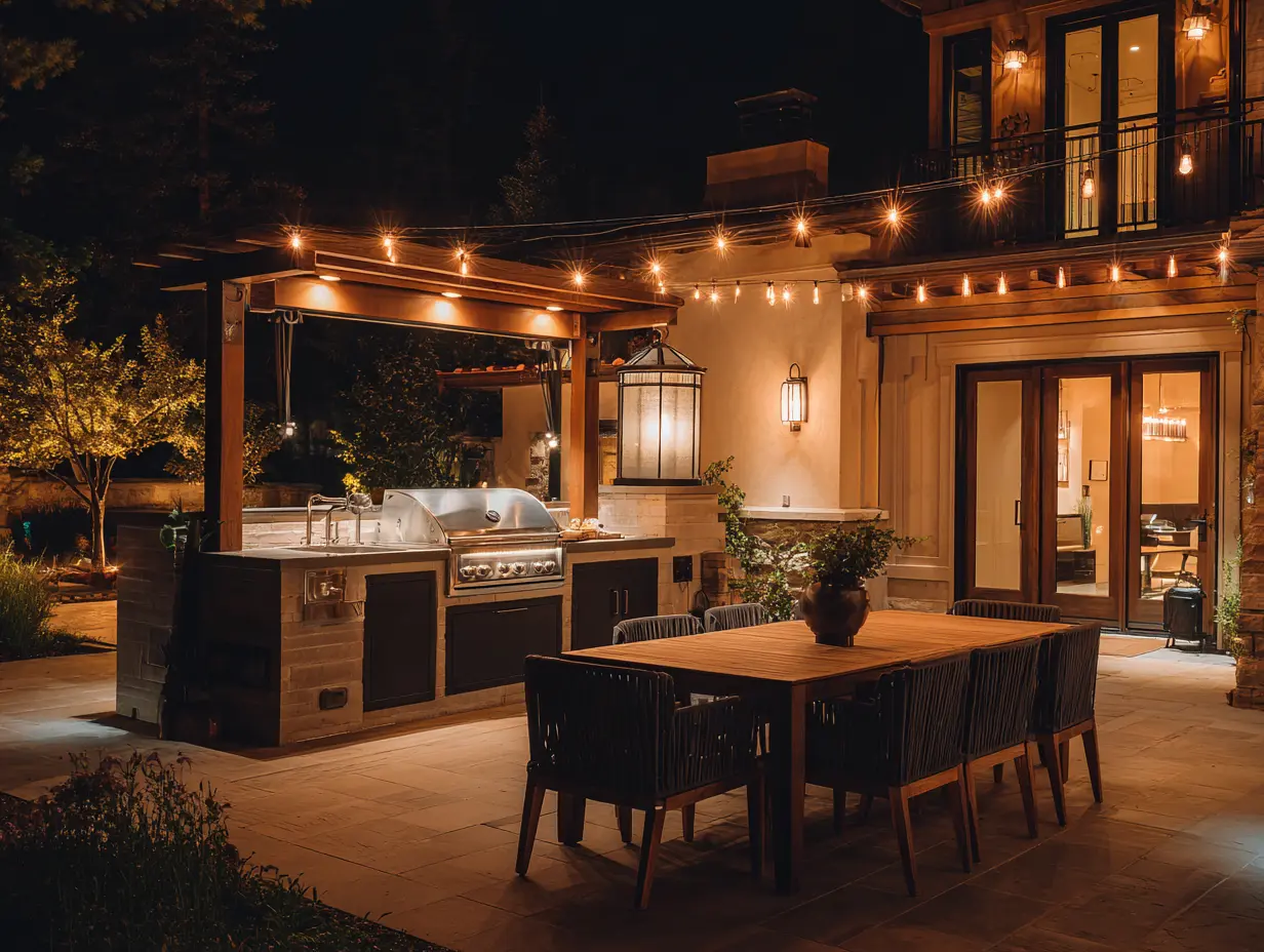 Outdoor kitchen at night with string lights, solar path lighting, and rattan lanterns creating a cozy glow.