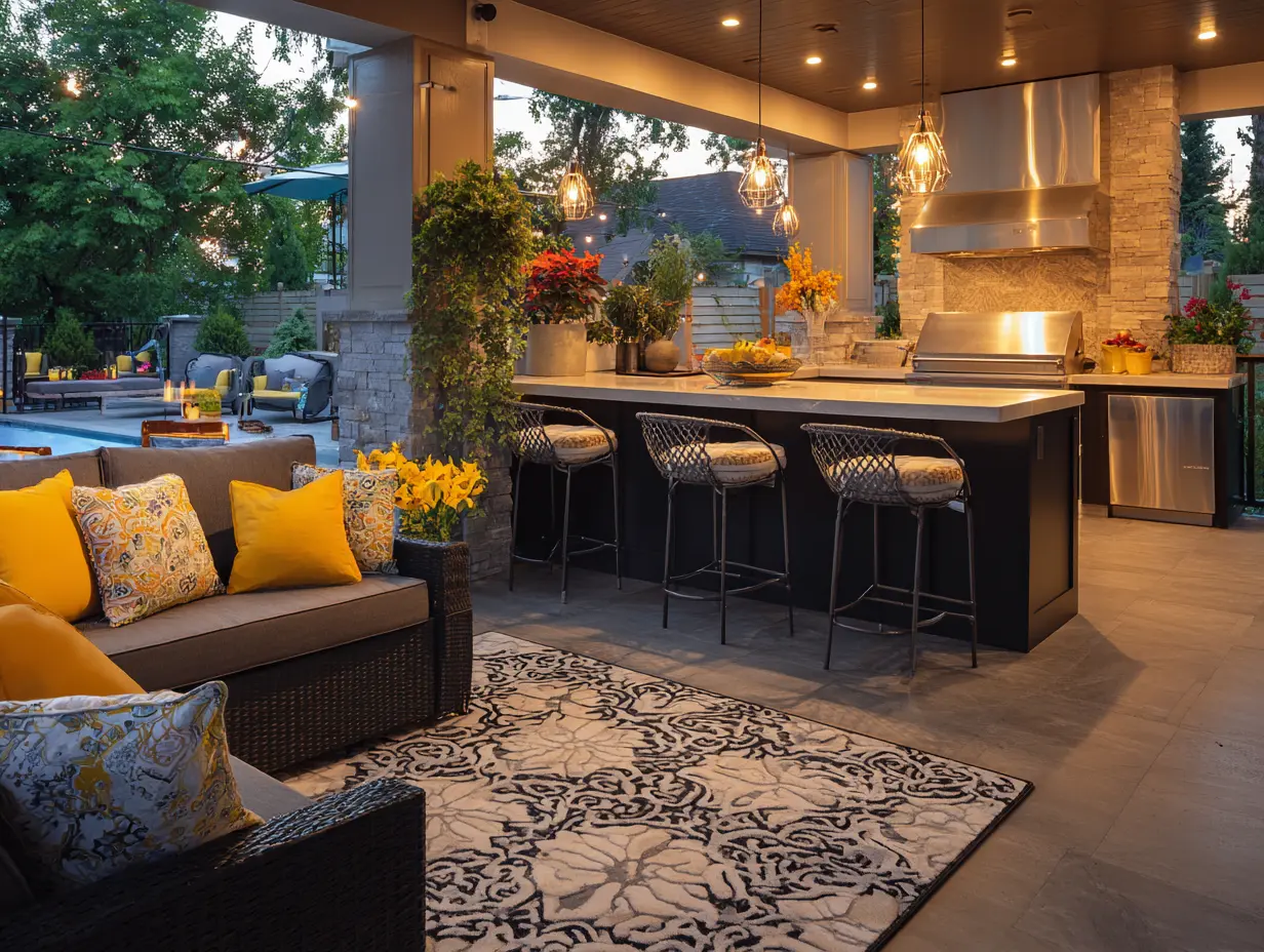 Outdoor kitchen seating area with cushioned bar stools, loveseat, and patterned outdoor rug under soft evening lighting.