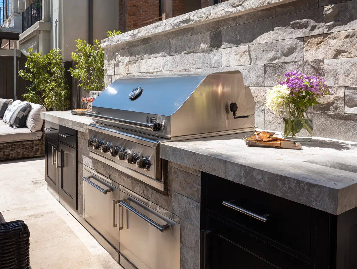 Outdoor kitchen with stainless steel grill, sealed stone countertops, and protective grill cover on a sunny patio.