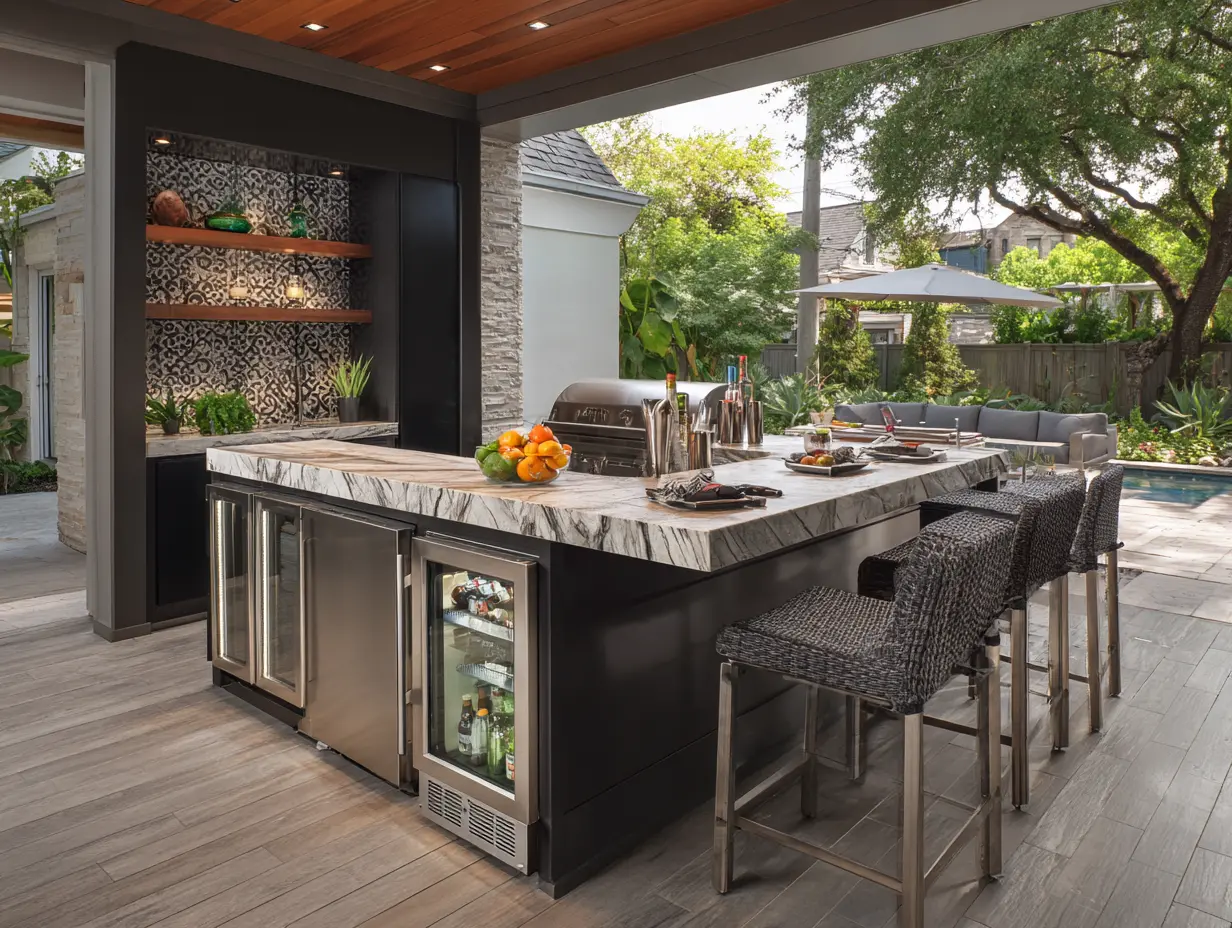 Outdoor kitchen with under-counter beverage cooler, bar counter, and cocktail tools ready for entertaining.