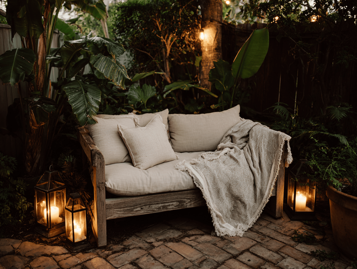 Small backyard design with outdoor loveseat, cushions, and a throw blanket, styled with lanterns and plants for a cozy, inviting setup.